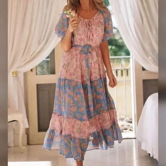 Free People Spell Rae Juniper Gown Puff Sleeve Printed Tiered Maxi Dress - Picture 2 of 9